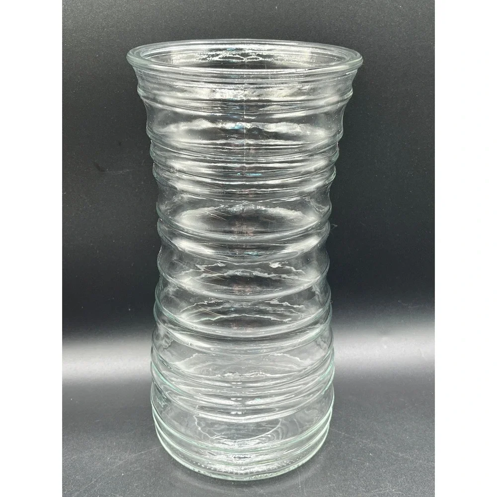 Vtg Clear Pressed Ribbed Glass‎ Hourglass Vase Flared Rim 10